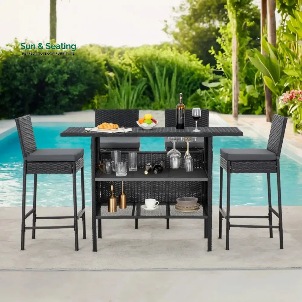 Yvette 5-Piece Outdoor Rattan Wicker Bar Set with Wicker Top Table Bar Set