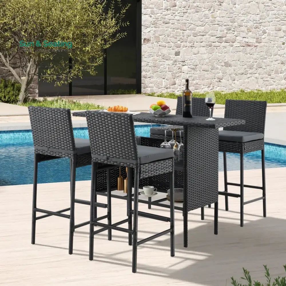 Yvette 5-Piece Outdoor Rattan Wicker Bar Set with Wicker Top Table Bar Set