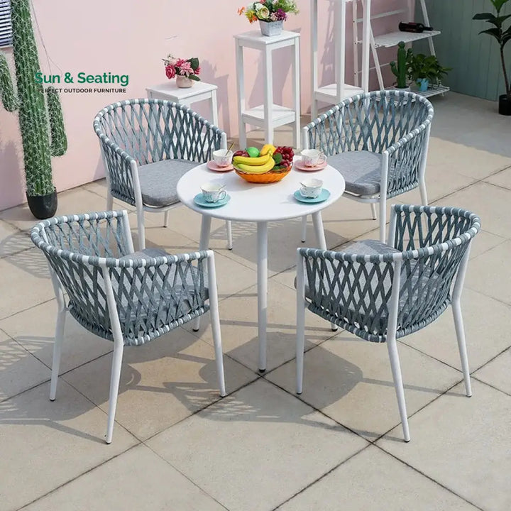 Zagora Outdoor Patio Seating Set 4 Chairs and 1 Table Set (Grey+ White) Braided &amp; Rope Coffee Table Sets