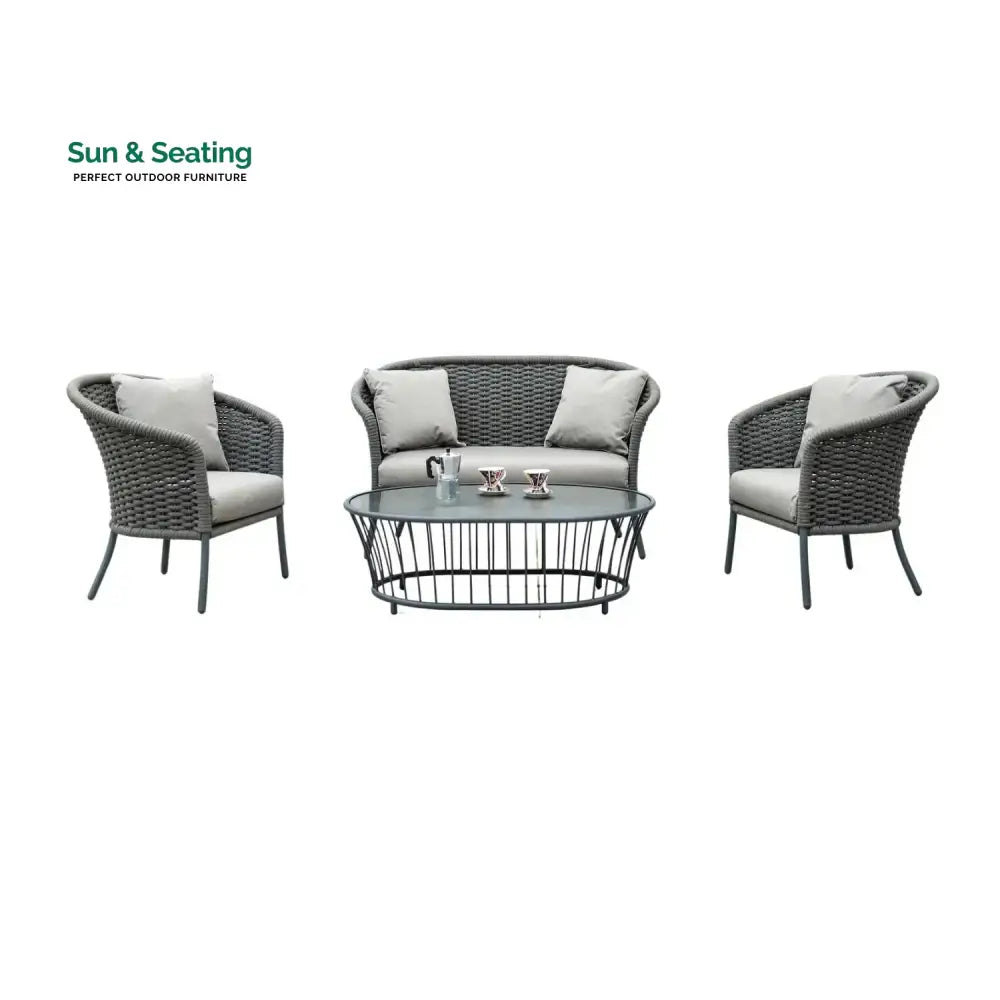 Zahra Outdoor Grey Rope 4 Piece Patio Sofa Set with Light Grey Cushions Sofa Set