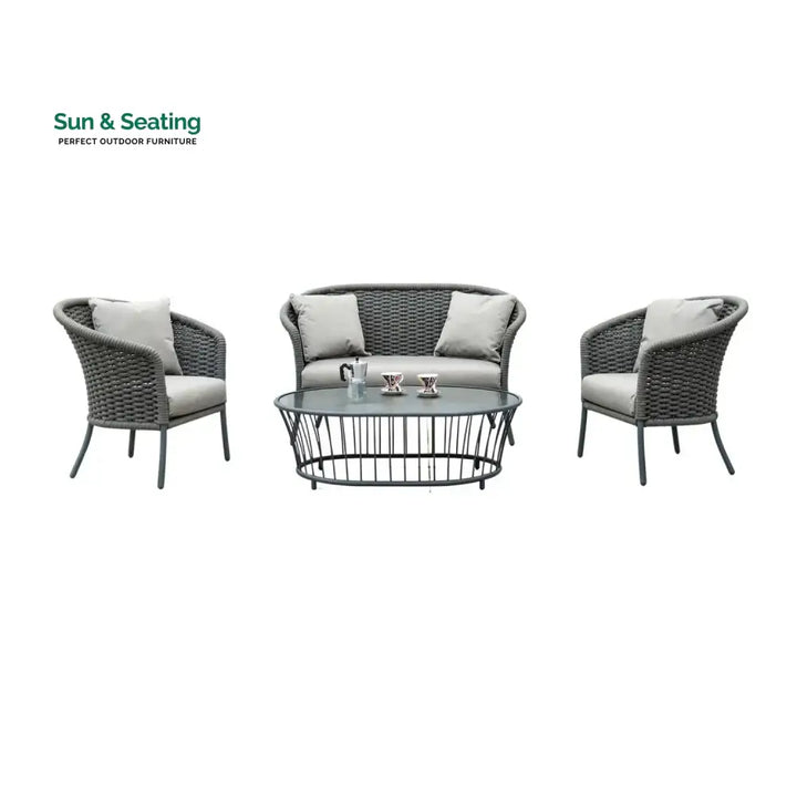 Zahra Outdoor Grey Rope 4 Piece Patio Sofa Set with Light Grey Cushions Sofa Set