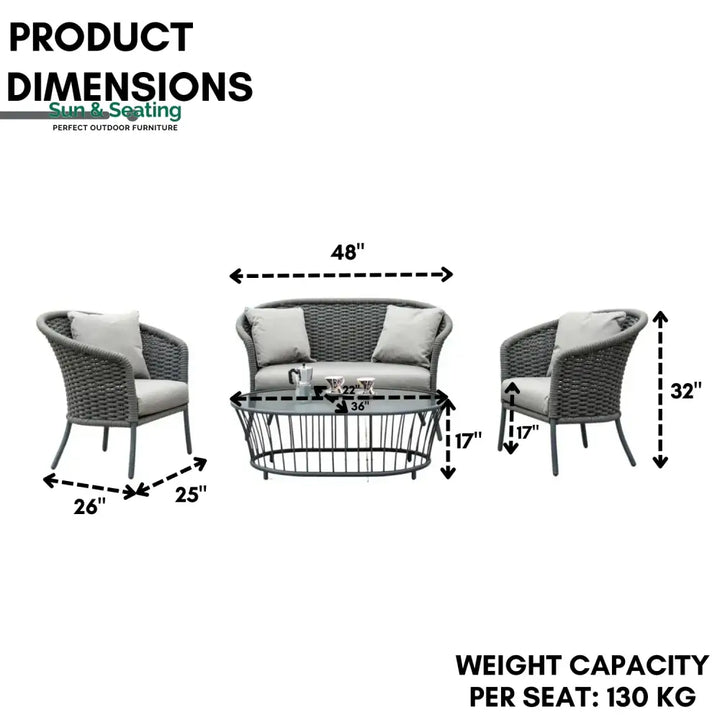 Zahra Outdoor Grey Rope 4 Piece Patio Sofa Set with Light Grey Cushions Sofa Set