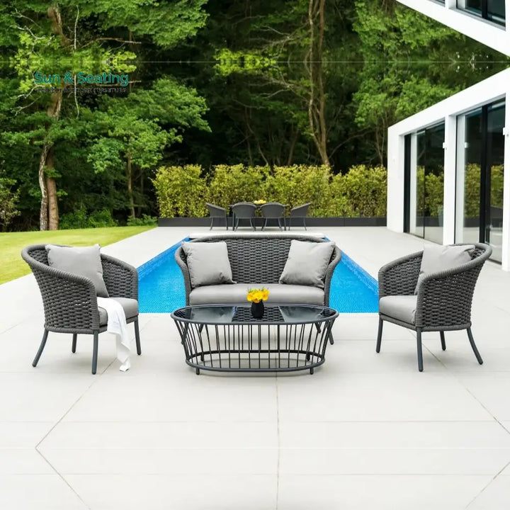 Zahra Outdoor Grey Rope 4 Piece Patio Sofa Set with Light Grey Cushions Sofa Set