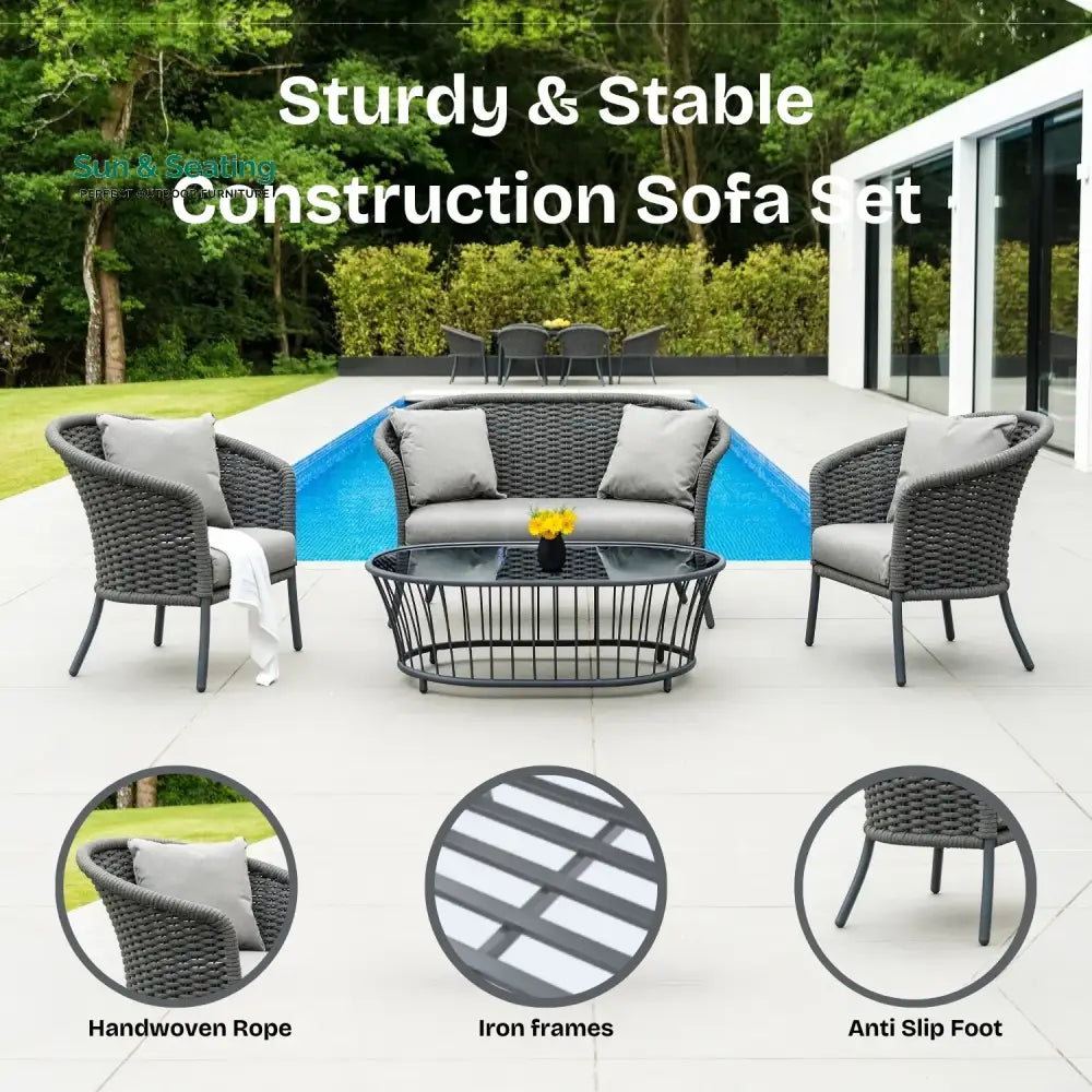 Zahra Outdoor Grey Rope 4 Piece Patio Sofa Set with Light Grey Cushions Sofa Set
