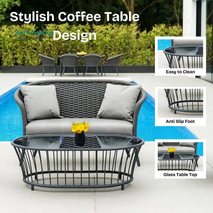 Zahra Outdoor Grey Rope 4 Piece Patio Sofa Set with Light Grey Cushions Sofa Set