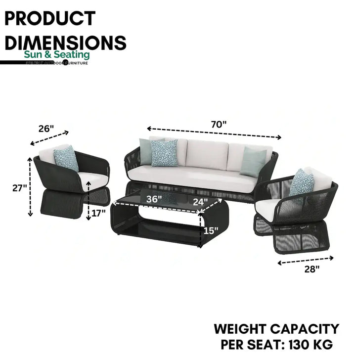 Zainab Outdoor Braided Rope Sofa Set With 2-Tier Glass Top Table Sofa Set