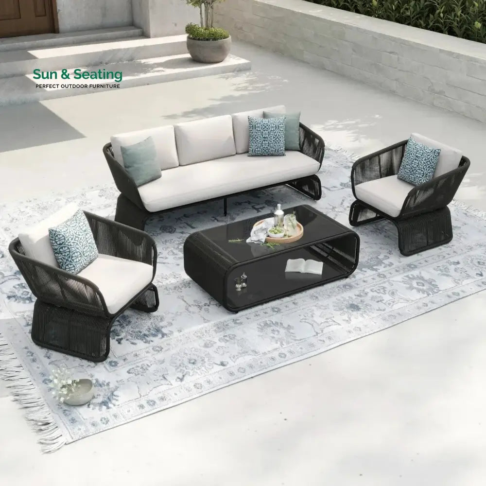 Zainab Outdoor Braided Rope Sofa Set With 2-Tier Glass Top Table Sofa Set