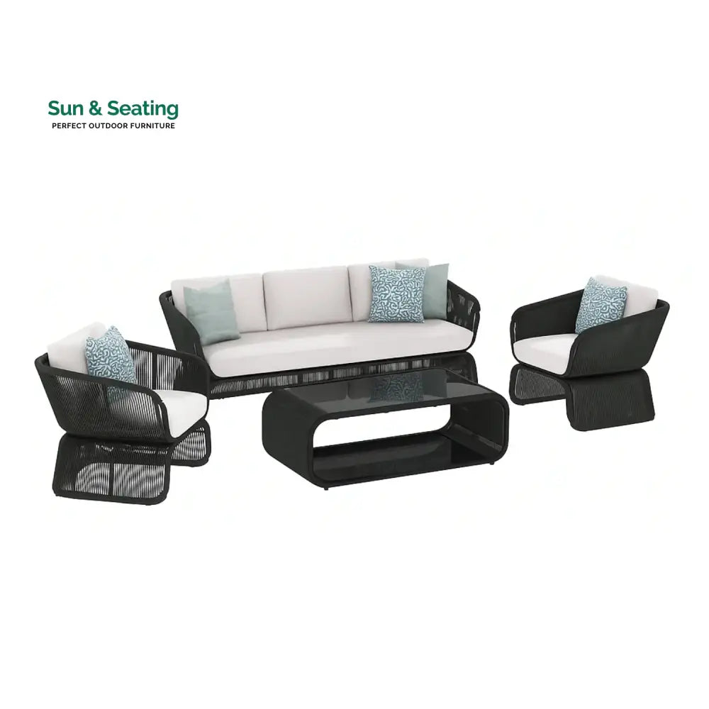 Zainab Outdoor Braided Rope Sofa Set With 2-Tier Glass Top Table Sofa Set