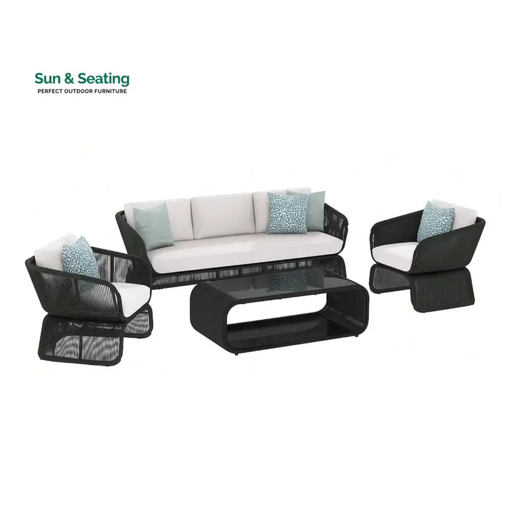 Zainab Outdoor Braided Rope Sofa Set With 2-Tier Glass Top Table Sofa Set