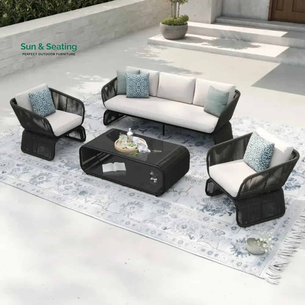 Zainab Outdoor Braided Rope Sofa Set With 2-Tier Glass Top Table Sofa Set