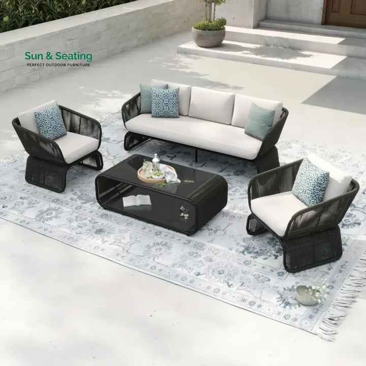 Zainab Outdoor Braided Rope Sofa Set With 2-Tier Glass Top Table Sofa Set