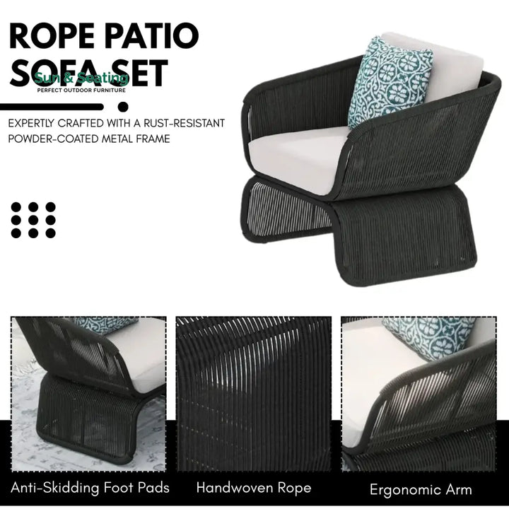 Zainab Outdoor Braided Rope Sofa Set With 2-Tier Glass Top Table Sofa Set