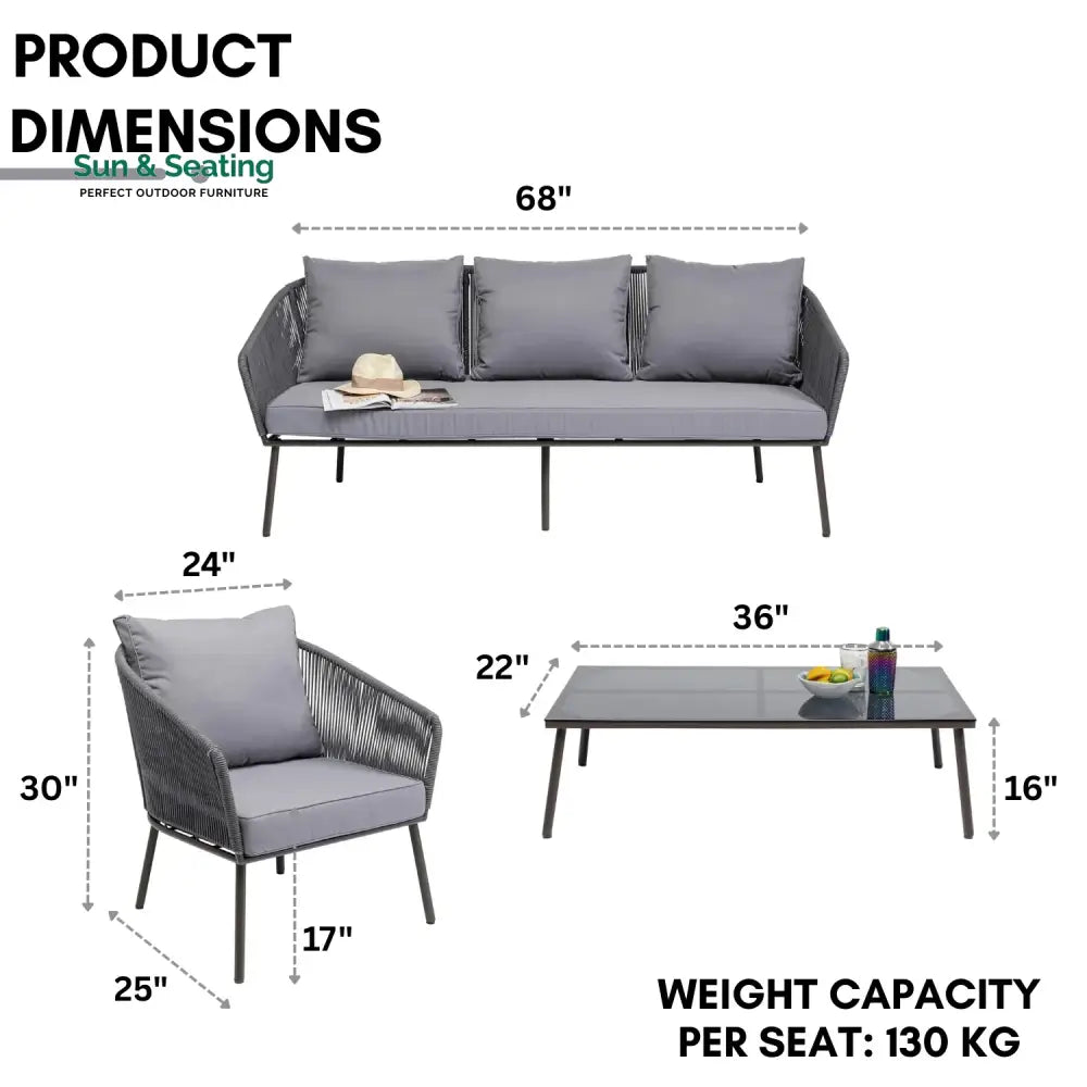 Zariah Outdoor Rope 5-Seater Patio Sofa Set with Glass Top Table (Grey) Sofa Set