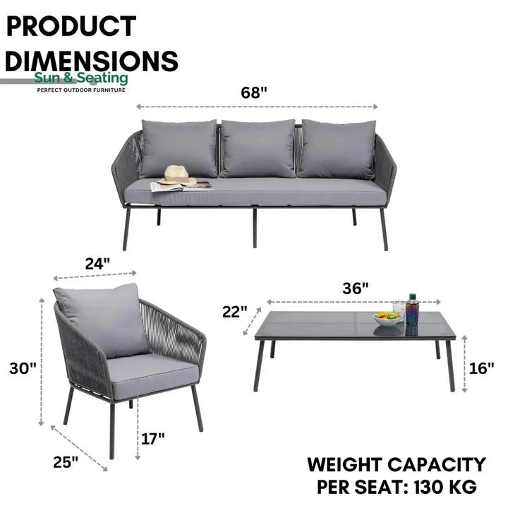 Zariah Outdoor Rope 5-Seater Patio Sofa Set with Glass Top Table (Grey) Sofa Set