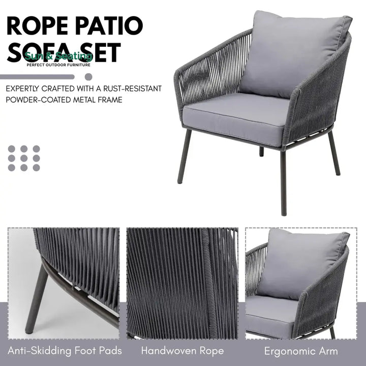 Zariah Outdoor Rope 5-Seater Patio Sofa Set with Glass Top Table (Grey) Sofa Set
