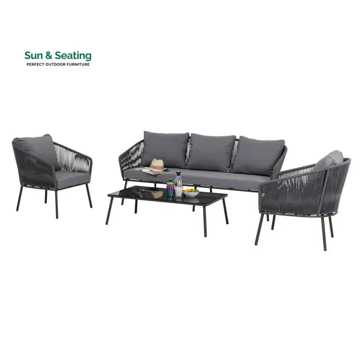 Zariah Outdoor Rope 5-Seater Patio Sofa Set with Glass Top Table (Grey) Sofa Set
