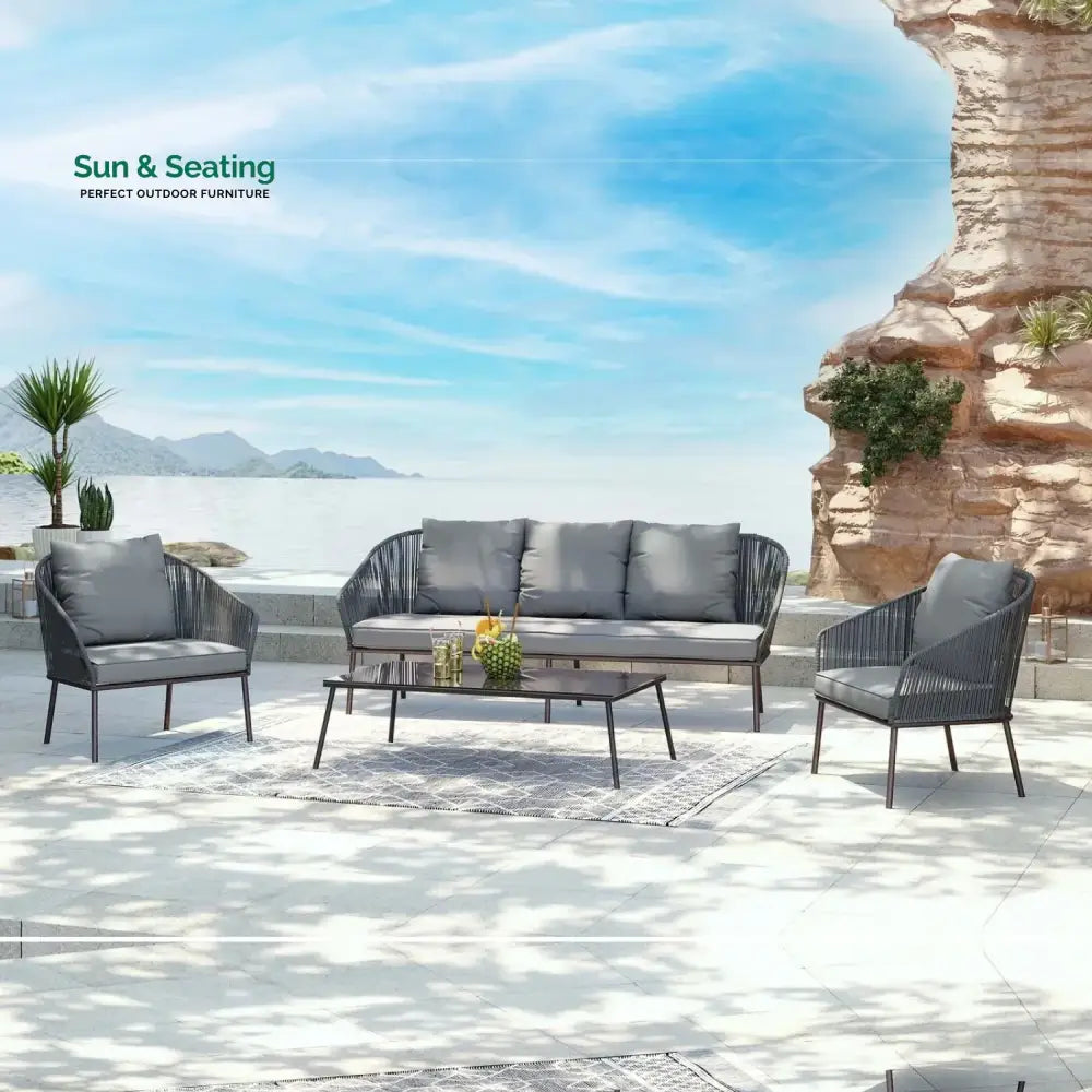 Zariah Outdoor Rope 5-Seater Patio Sofa Set with Glass Top Table (Grey) Sofa Set