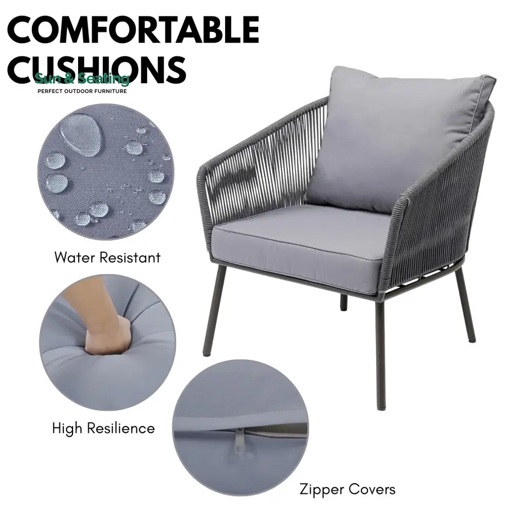 Zariah Outdoor Rope 5-Seater Patio Sofa Set with Glass Top Table (Grey) Sofa Set