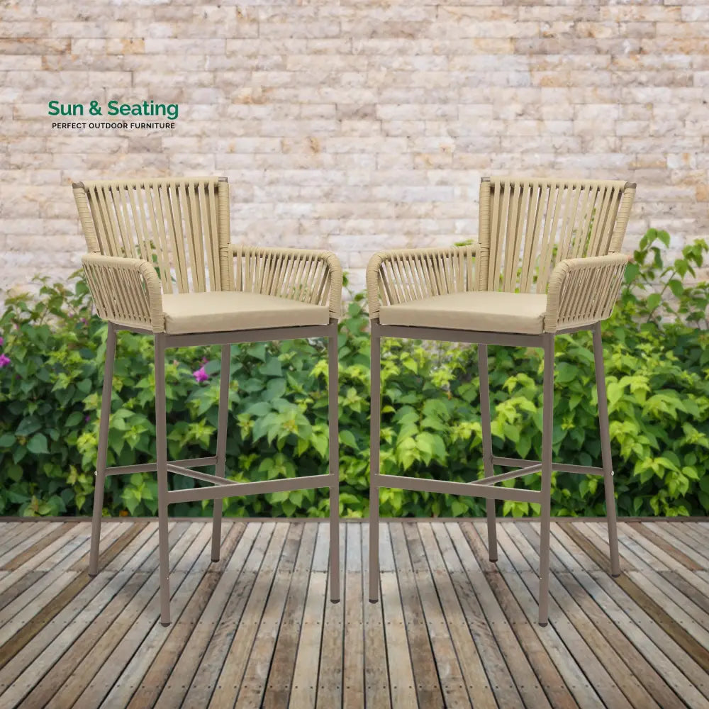 Zeki Outdoor Patio Bar Chair 2 Chair For Balcony Braided & Rope Light Brown Bar Sets