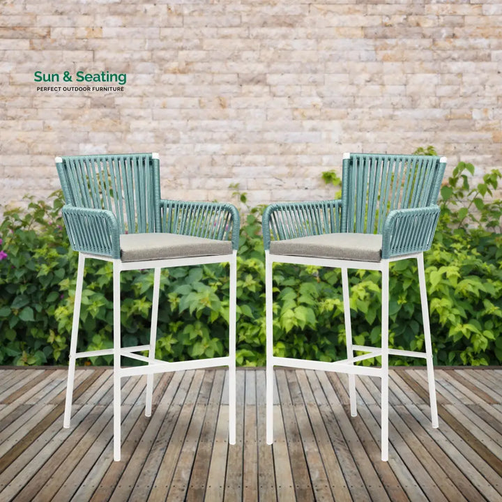 Zeki Outdoor Patio Bar Chair 2 Chair For Balcony Braided &amp; Rope White + Green Bar Sets