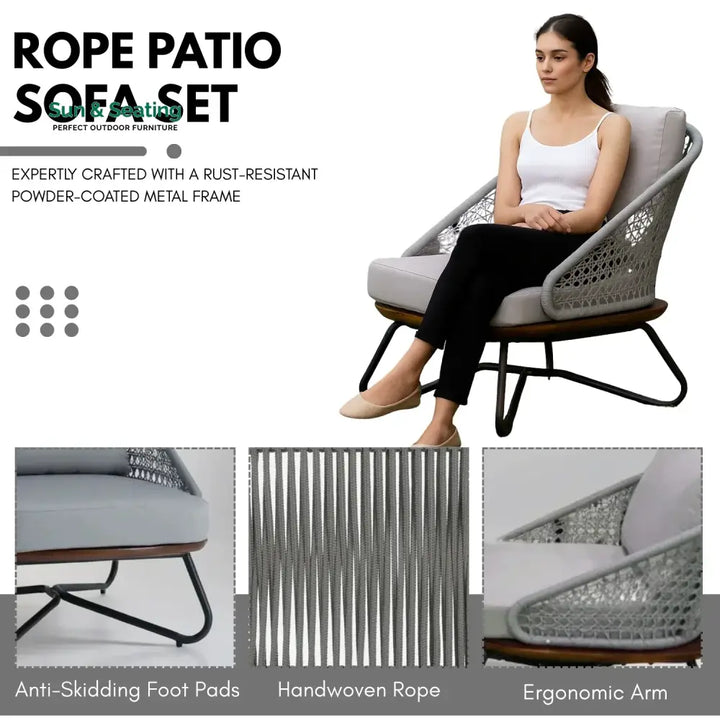 Zina Outdoor Grey Rope 4-Piece Sofa Set With Wooden Top Table Sofa Set