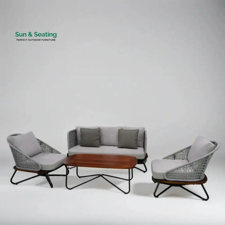 Zina Outdoor Grey Rope 4-Piece Sofa Set With Wooden Top Table Sofa Set