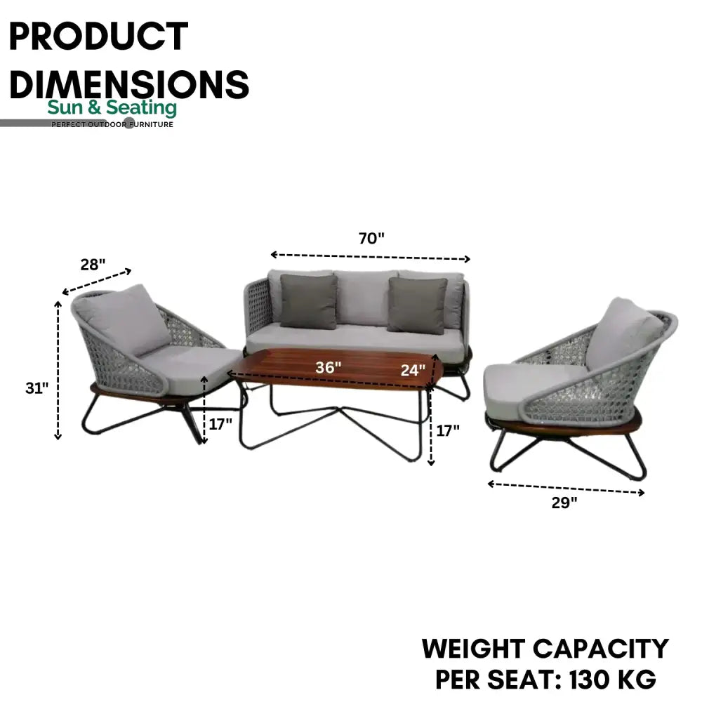 Zina Outdoor Grey Rope 4-Piece Sofa Set With Wooden Top Table Sofa Set