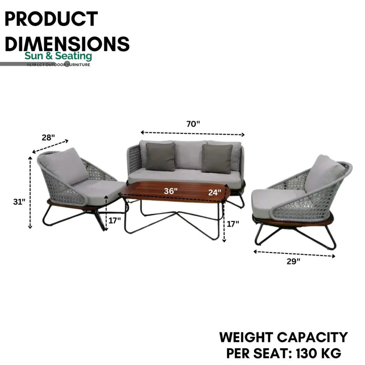 Zina Outdoor Grey Rope 4-Piece Sofa Set With Wooden Top Table Sofa Set