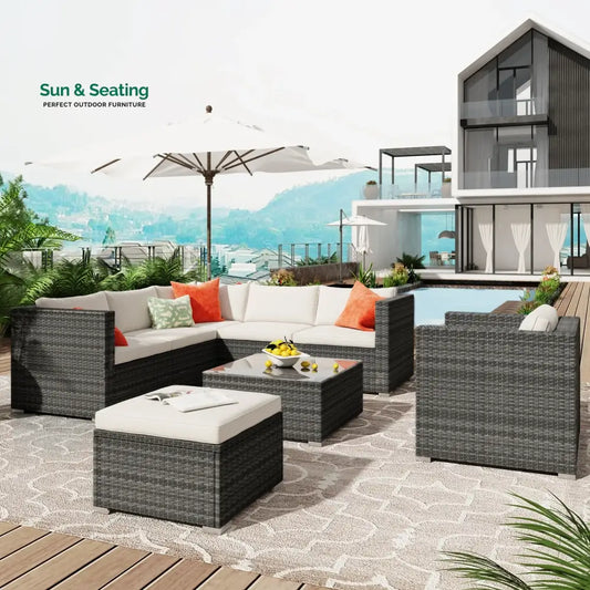 Zoi Outdoor Garden Balcony Sofa Set 6 Seater Single seater With 1 Ottoman and 1 Center Table Set (Brown + White) Sofa