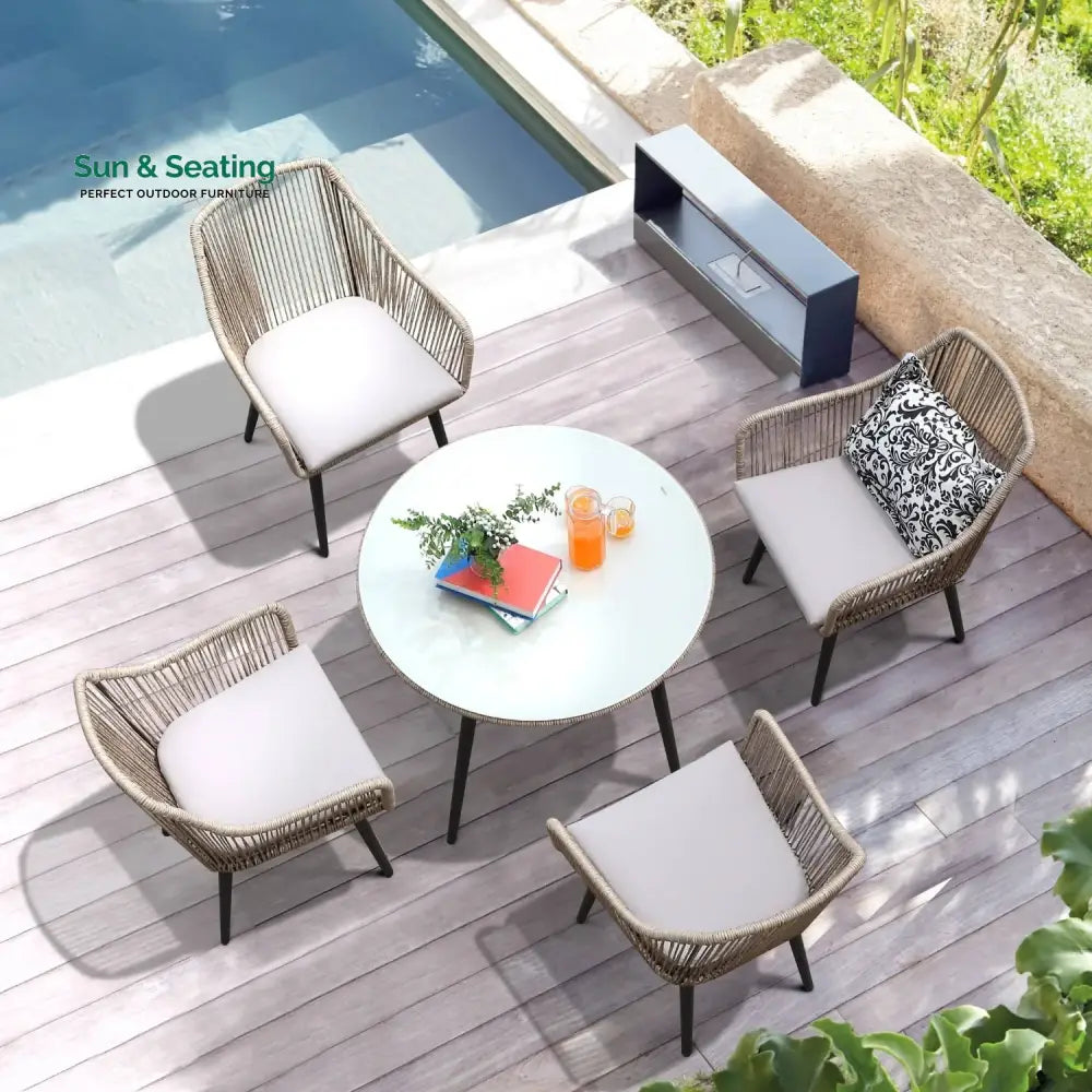 Zoya 5-Piece Outdoor Rope Patio Dining Set With Glass Top Table Dining Set