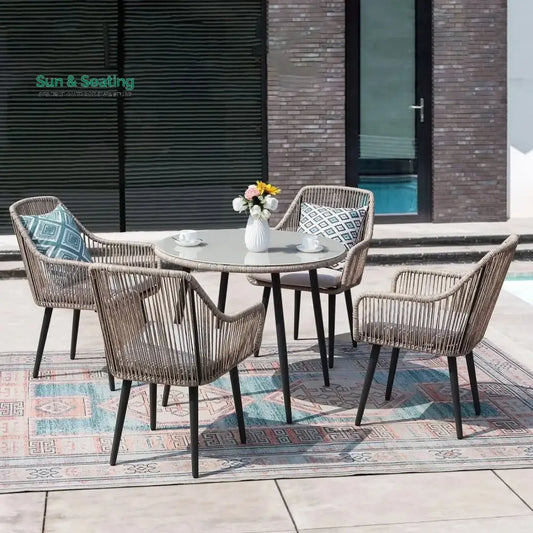 Zoya 5-Piece Outdoor Rope Patio Dining Set With Glass Top Table Dining Set