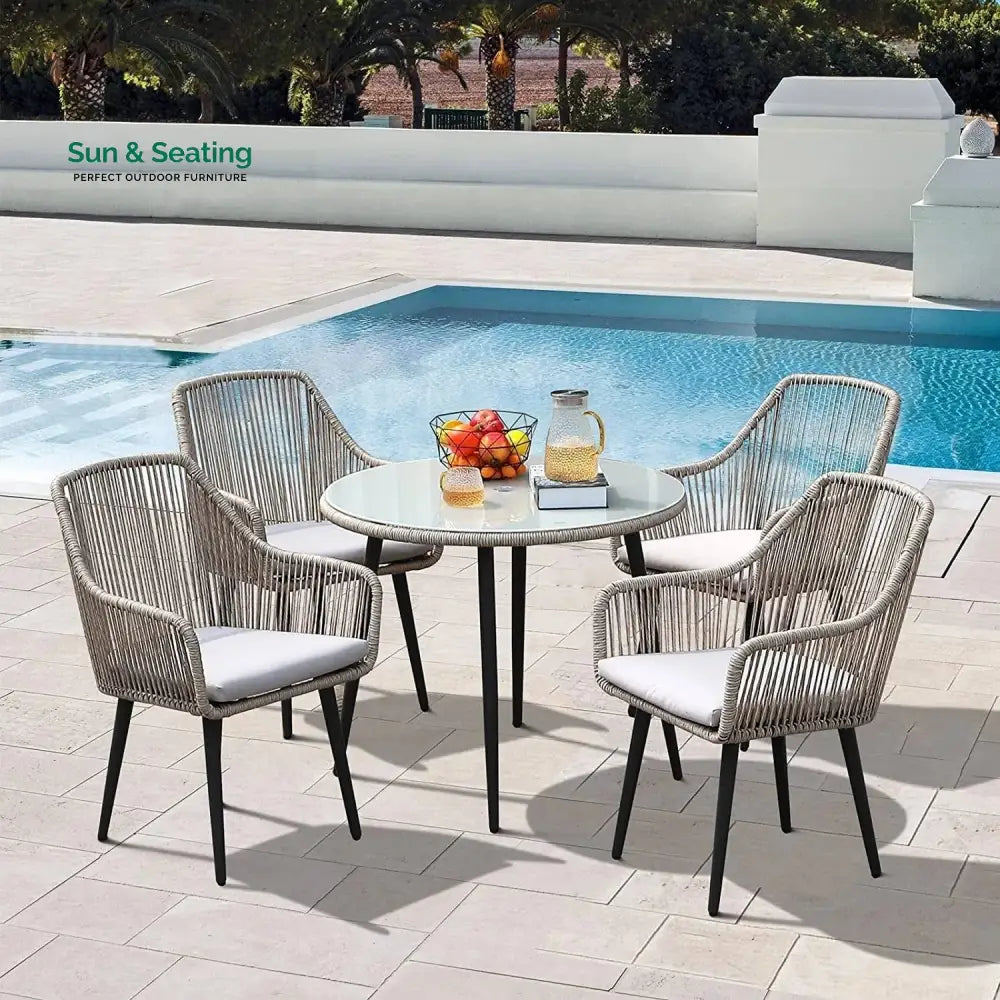 Zoya 5-Piece Outdoor Rope Patio Dining Set With Glass Top Table Dining Set