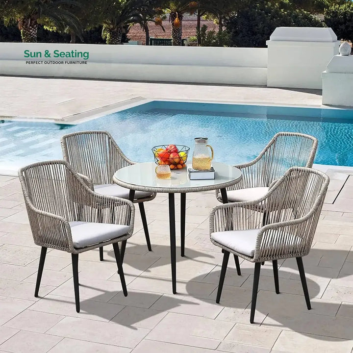 Zoya 5-Piece Outdoor Rope Patio Dining Set With Glass Top Table Dining Set
