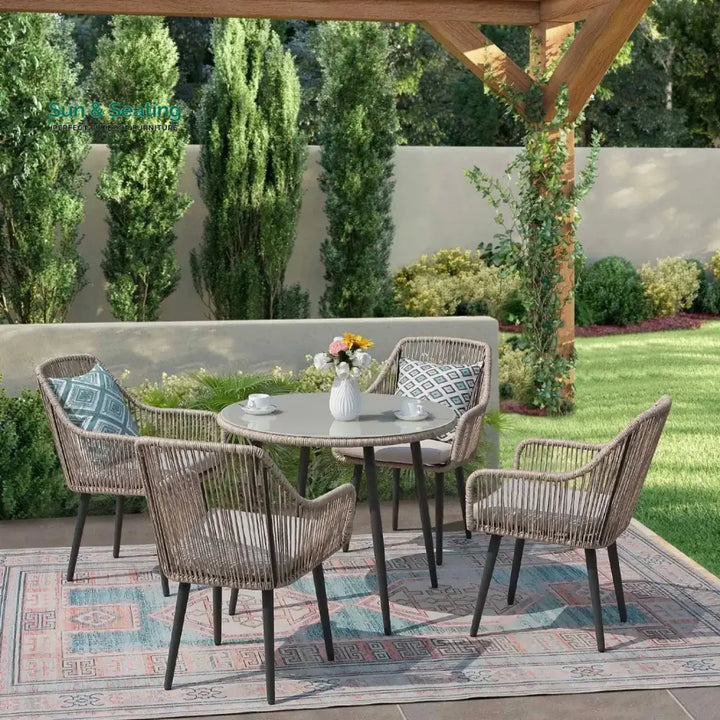 Zoya 5-Piece Outdoor Rope Patio Dining Set With Glass Top Table Dining Set