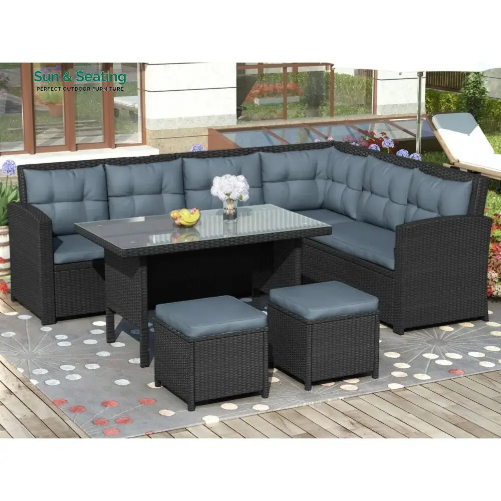 Zuzanna 5-Piece Wicker Patio Conversation Set (Dark Brown/ Cyan Blue) Sofa Set