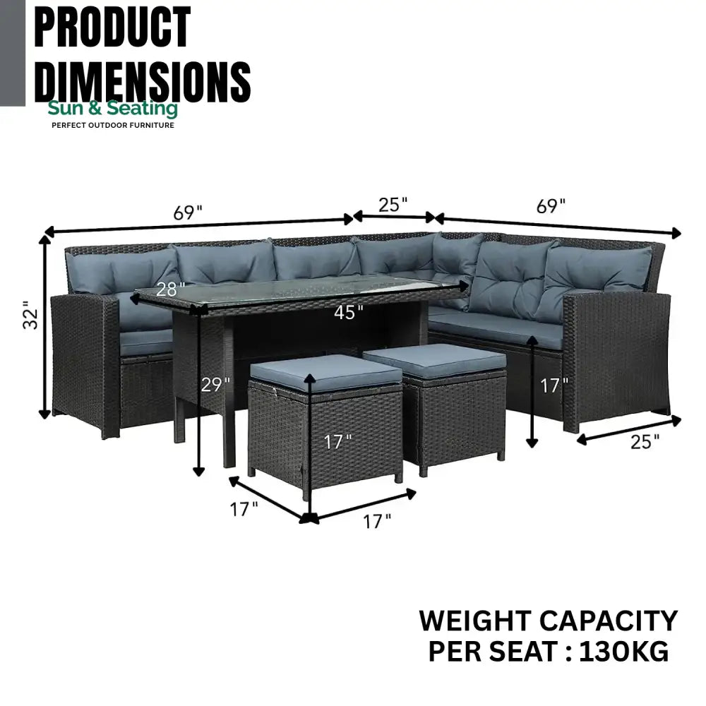 Zuzanna 5-Piece Wicker Patio Conversation Set (Dark Brown/ Cyan Blue) Sofa Set