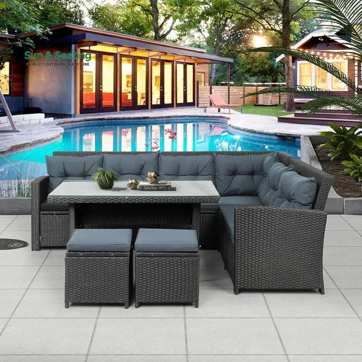 Zuzanna 5-Piece Wicker Patio Conversation Set (Dark Brown/ Cyan Blue) Sofa Set