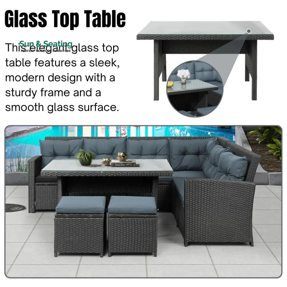 Zuzanna 5-Piece Wicker Patio Conversation Set (Dark Brown/ Cyan Blue) Sofa Set