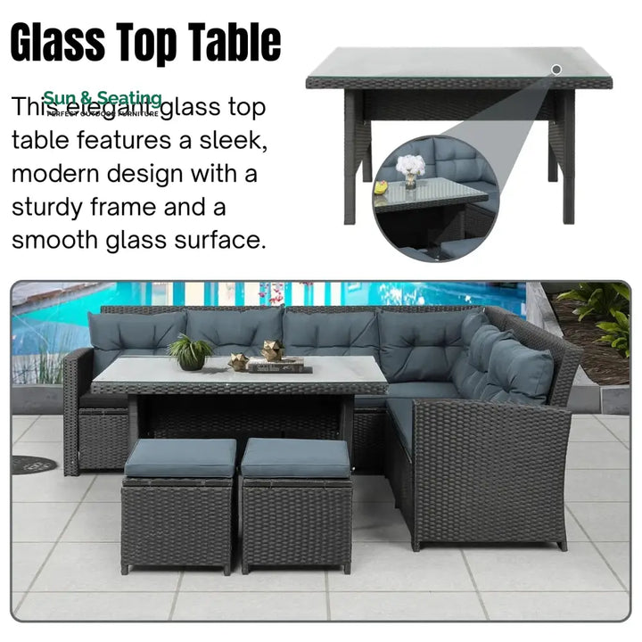 Zuzanna 5-Piece Wicker Patio Conversation Set (Dark Brown/ Cyan Blue) Sofa Set