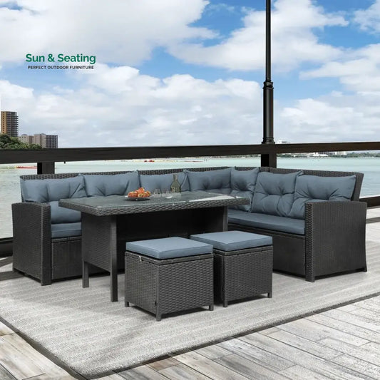 Zuzanna 5-Piece Wicker Patio Conversation Set (Dark Brown/ Cyan Blue) Sofa Set