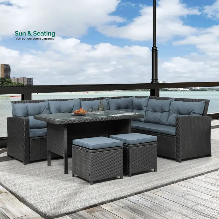Zuzanna 5-Piece Wicker Patio Conversation Set (Dark Brown/ Cyan Blue) Sofa Set